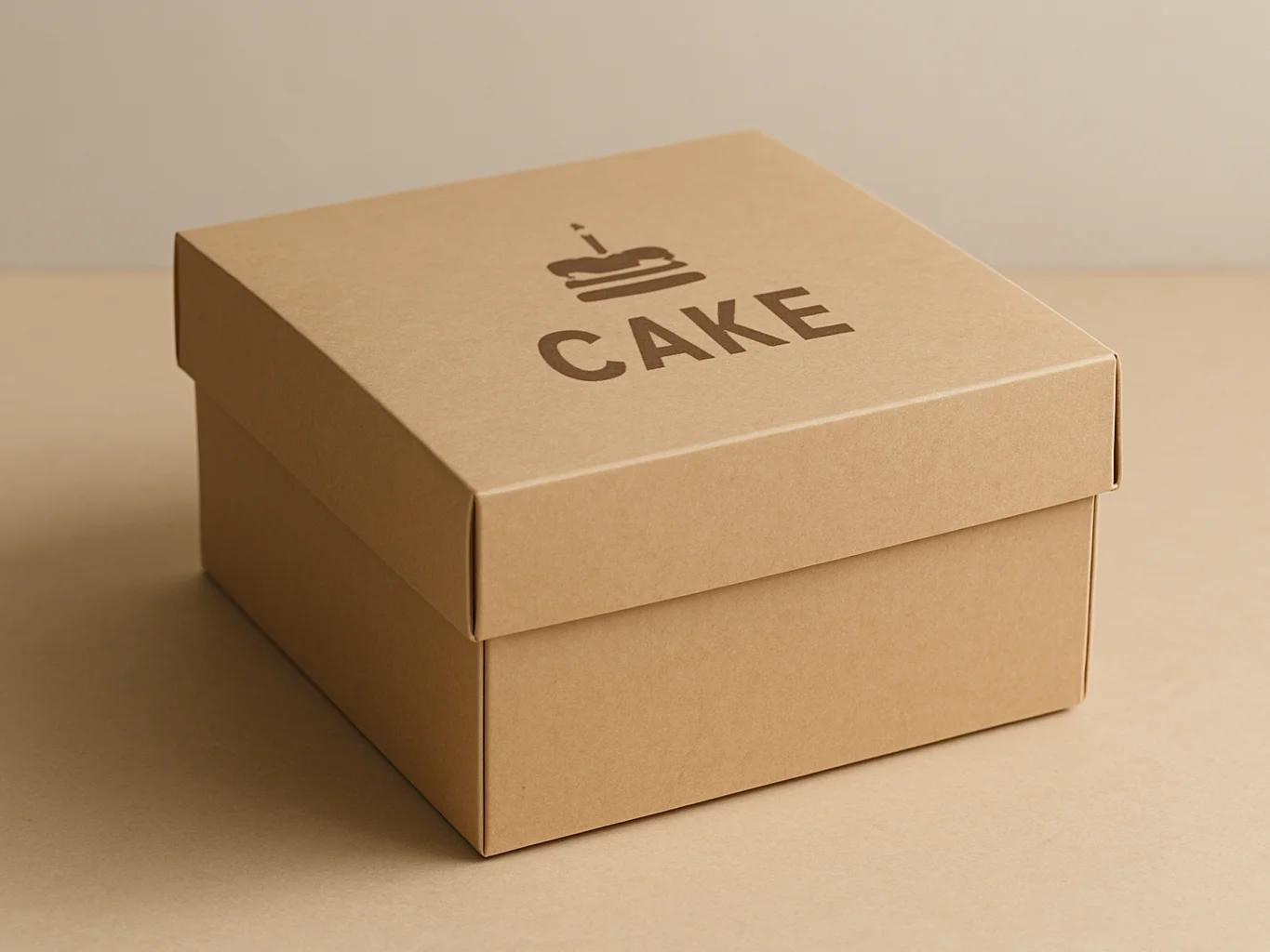Editorial product photography of a plain kraft cake box shown in a three-quarter view with a single-color logo printed o