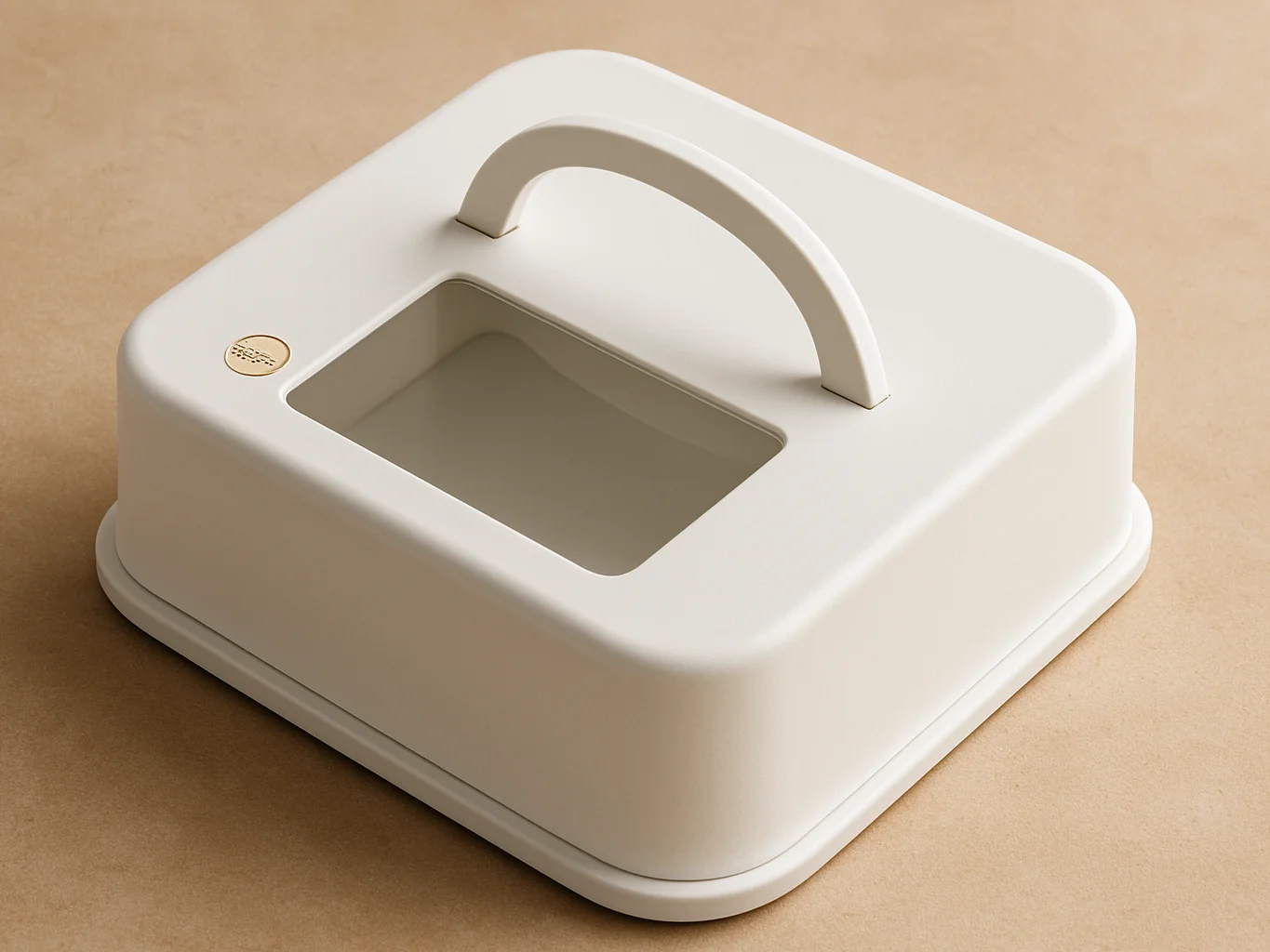 Overhead product close-up of a white cake carrier with a small foil-stamped mark and a clear window panel, soft diffused