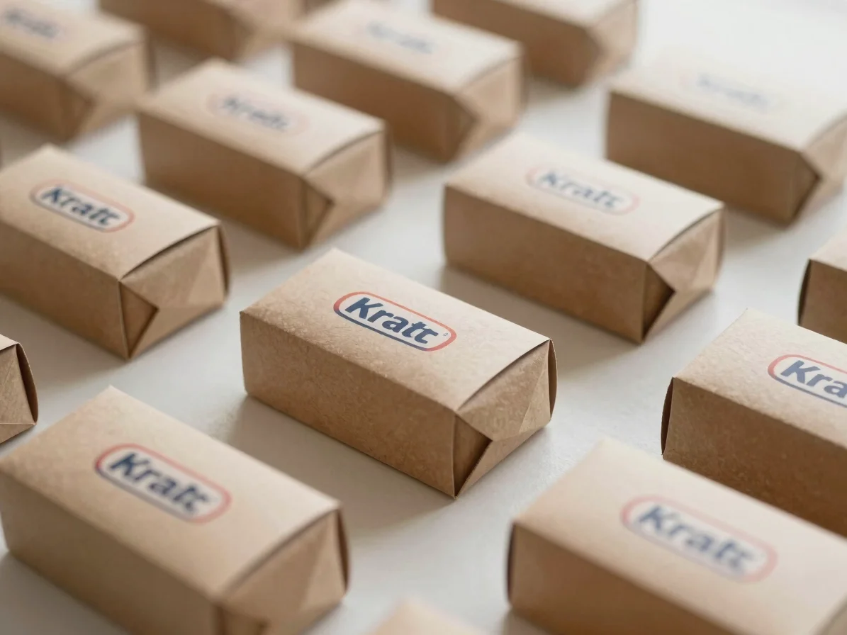 Wide editorial shot of several kraft cake boxes with printed paper sleeves wrapped around them, soft diffused daylight,