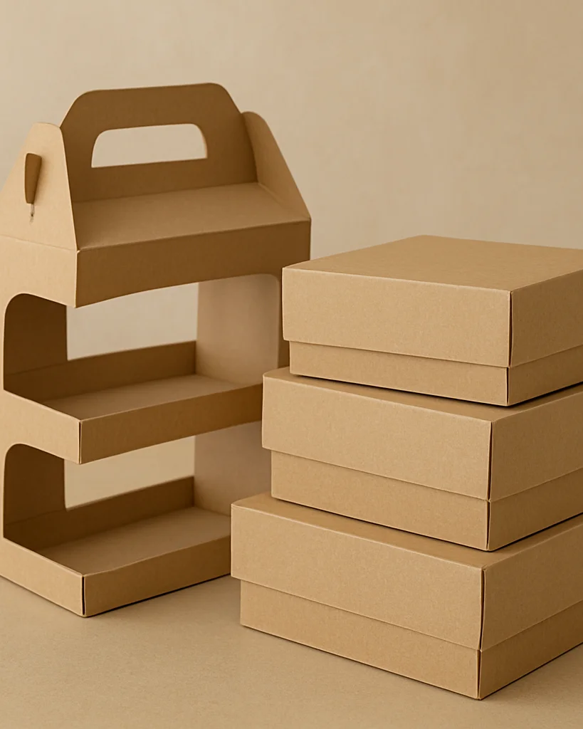 Editorial product photograph of a stack of kraft-brown cake boxes