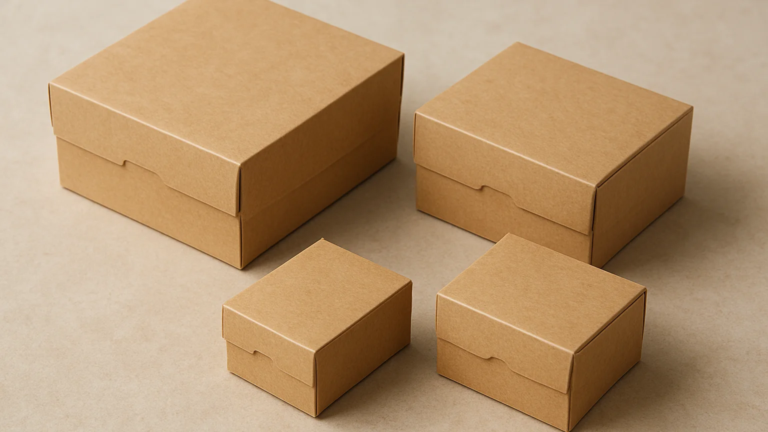 Overhead product photograph of several individual kraft cake boxes in graduated sizes, soft diffused daylight, true-to-l