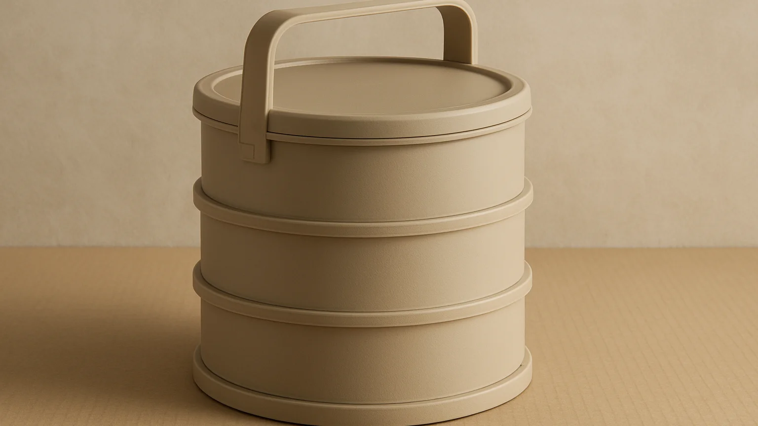 Side-angle product photograph of a heavy-duty tiered cake carrier with a sturdy handle, soft diffused daylight, crisp co