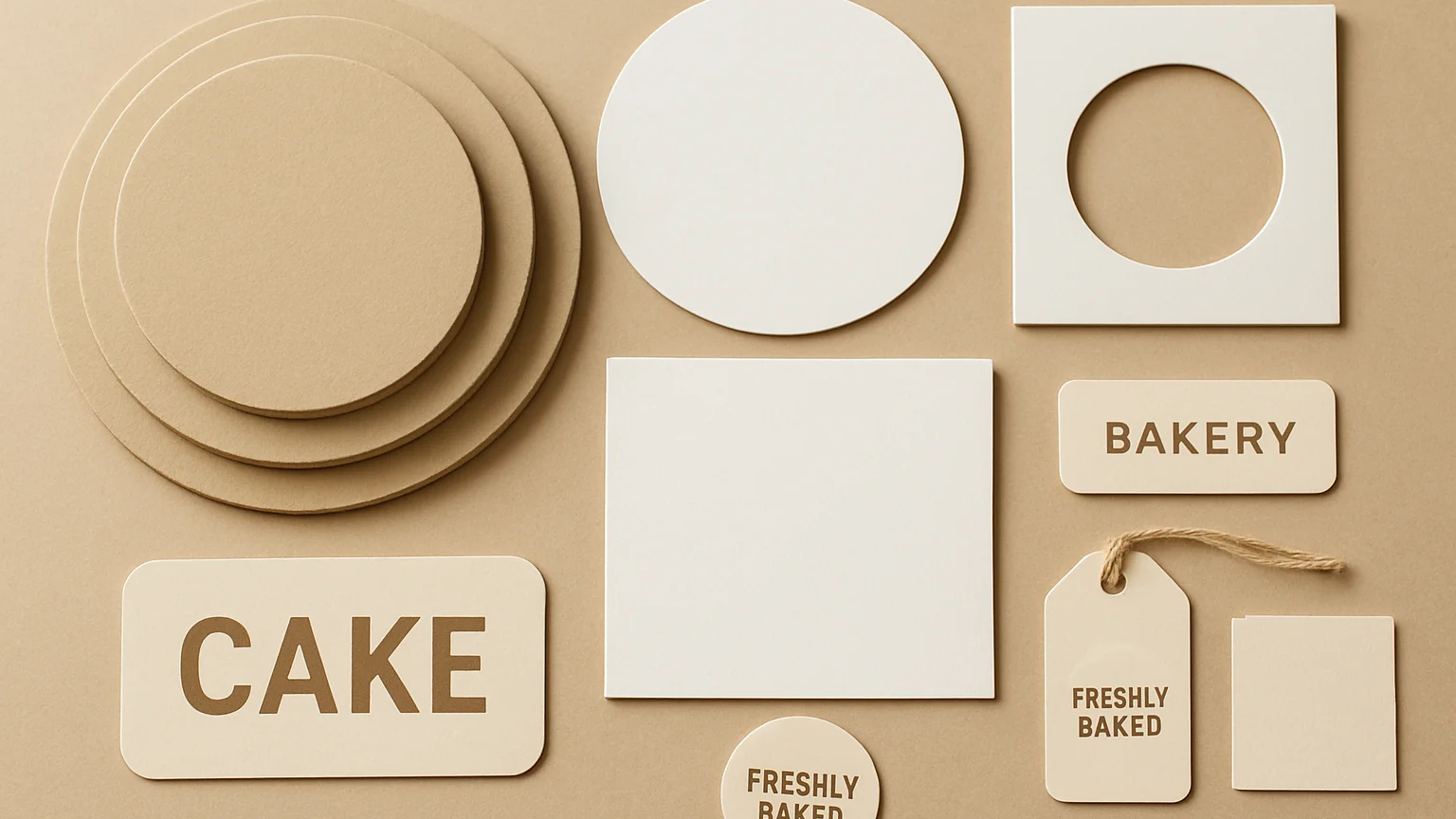 Overhead arrangement of bakery packaging supplies including cake boards, inserts, and labels on warm paper neutrals, sof