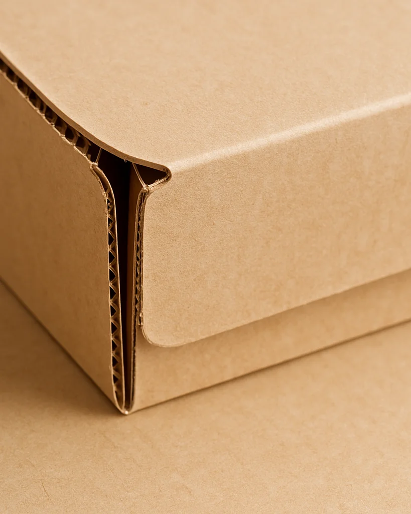 Close-up editorial product photograph of corrugated cardboard edge and fold detail on a cake carrier, showing material l